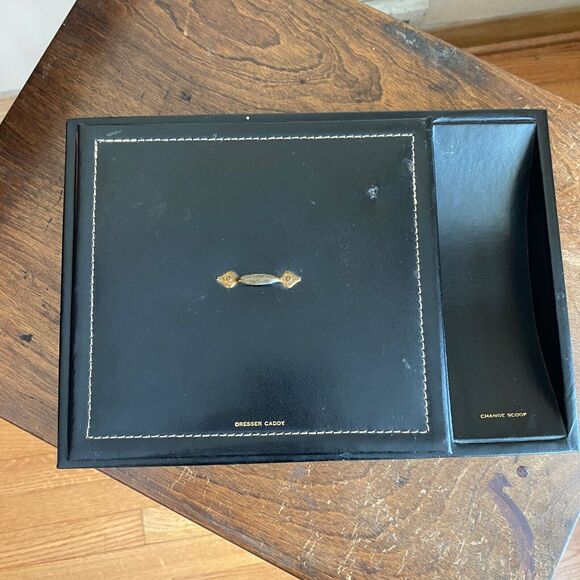 Vintage Dresser Caddy Faux Leather Box with Lid Red Flocked Velvet Valet - Picture 2 of 10